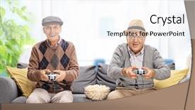  Presentation with video games playing - Beautiful slides featuring videogame - two joyful seniors playing video backdrop and a cool aqua colored foreground