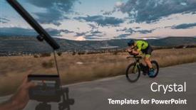  Presentation with videographer - Presentation design featuring videographer-recording-a-triathlete-riding background and a dark gray colored foreground