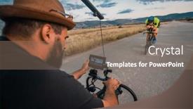  Presentation with videographer - Slides having videographer-recording-a-triathlete-riding background and a coral colored foreground