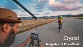  Presentation with videographer - PPT theme with videographer-recording-a-triathlete-riding background and a gray colored foreground
