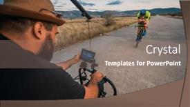  Presentation with dedication - PPT theme featuring videographer-recording-a-triathlete-riding background and a gray colored foreground