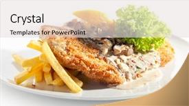  Presentation with french fries - Slide deck enhanced with vienna schnitzel served with mushroom sauce and french fries background and a light gray colored foreground