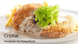  Presentation with vienna - Amazing slide set having vienna schnitzel served with mushroom sauce and french fries backdrop and a coral colored foreground