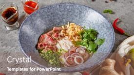  Presentation with dark blue gray - Colorful presentation design enhanced with vietnamese-cuisine-beef-pho-noodle backdrop and a coral colored foreground
