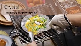  Presentation with food city - Slide deck having vietnamese-rice-paper-pizza-banh background and a coral colored foreground