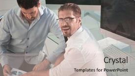  Presentation with employees - Beautiful slide deck featuring view employees discussing financial chart backdrop and a soft green colored foreground