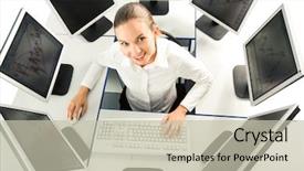  Presentation with upwards - Amazing slides having view from above of businesswoman sitting at desk with several computers around and looking upwards at camera backdrop and a mint green colored foreground
