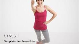  Presentation with woman sport - PPT layouts with view from above of happy woman in sport wear showing thumbs up and smiling over light grey background background and a light gray colored foreground