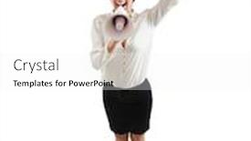  Presentation with formal - Presentation design enhanced with view from above of happy businesswoman in formal wear screaming at megaphone and raising up one hand isolated on white background background and a white colored foreground