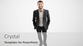  Presentation with formal - Slide deck consisting of view from above of smiley businessman in formal wear looking up over light background background and a light gray colored foreground