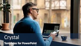  Presentation with man holding phone - Presentation design with view-from-back-of-adult background and a ocean colored foreground