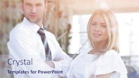  Presentation with looking glass - PPT layouts with view from behind glass confident business people looking out background and a sky blue colored foreground