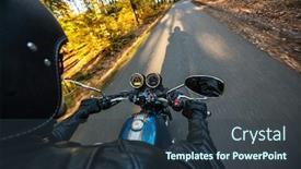  Presentation with driver - Presentation design featuring view from motorcycle driver perspective riding in forest during sunrise background and a tawny brown colored foreground
