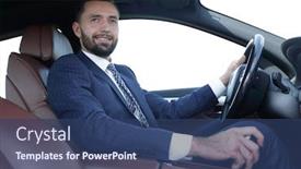  Presentation with wheel - Colorful slide deck enhanced with view from the side confident businessman sits at the wheel of a car backdrop and a ocean colored foreground