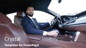  Presentation with confident - Slide deck having view from the side confident businessman sits at the wheel background and a gray colored foreground