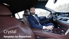  Presentation with confident - Presentation design consisting of view from the side confident businessman sits at the wheel background and a dark gray colored foreground