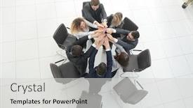  Presentation with team business top view - Colorful slide deck enhanced with view from the top business team joining their palms backdrop and a light gray colored foreground
