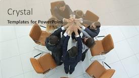  Presentation with team business top view - PPT layouts having view from the top business team joining their palms background and a coral colored foreground