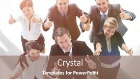  Presentation with team business top view - Amazing PPT theme having view from the top happy business team showing thumb up backdrop and a violet colored foreground