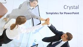  Presentation with team business top view - Colorful PPT layouts enhanced with view from the top members of the business team giving each other a high five above the desk backdrop and a sky blue colored foreground