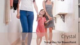  Presentation with sex - Audience pleasing slide set consisting of view inside hallway as same sex female couple with daughter open front door of home backdrop and a coral colored foreground