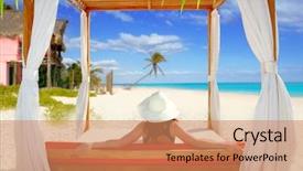  Presentation with tropical beach party - Amazing slides having view looking sea tropical resort backdrop and a coral colored foreground