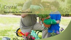  Presentation with grandfather - Slide set with view of a grandfather and grandson engaged in gardening background and a yellow colored foreground