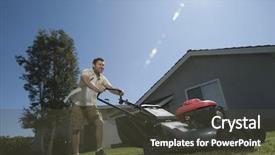  Presentation with low angle view of volleyball - Slide set enhanced with view of a smiling man background and a tawny brown colored foreground