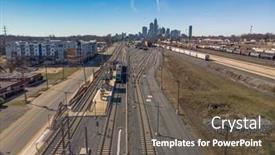 Presentation with train - Audience pleasing slide deck consisting of view-of-a-train-yard backdrop and a dark gray colored foreground