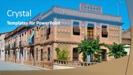  Presentation with 19th century - Amazing PPT theme having view-of-a-typical-street backdrop and a teal colored foreground