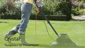  Presentation with electric - Cool new presentation theme with view of a woman mowing backdrop and a yellow colored foreground