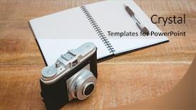  Presentation with old wood - Presentation with view of an old camera and a notebook on wood desk background and a coral colored foreground