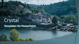  Presentation with bank - PPT theme with view-of-arnelas-beach background and a ocean colored foreground