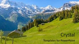  Presentation with mountain snow - PPT theme enhanced with view of beautiful landscape in the alps with fresh green meadows and snow-capped mountain tops in the background on a sunny day with blue sky and clouds in springtime background and a gold colored foreground