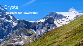  Presentation with mountain snow - Beautiful slides featuring view of beautiful landscape in the alps with fresh green meadows and snow-capped mountain tops in the background on a sunny day with blue sky and clouds in springtime backdrop and a teal colored foreground