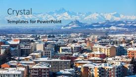  Presentation with snow mountain - PPT theme with view of buildings covered in snow as mountain ridge with monviso peak on background in small town of alba piedmont northern italy background and a light blue colored foreground