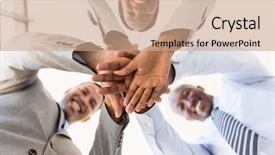  Presentation with team hands - Beautiful slides featuring women teamwork - underneath view of business team backdrop and a coral colored foreground