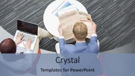  Presentation with newspaper laptop - Slide deck with view of businessman reading newspaper background and a seafoam green colored foreground