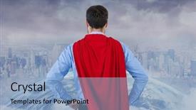  Presentation with super hero - Audience pleasing PPT theme consisting of view of businessman wearing super backdrop and a light blue colored foreground