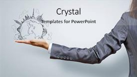  Presentation with cutout paper people standing around globe holding hands - Slide deck consisting of view of businesswoman holding globe background and a  colored foreground