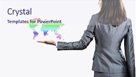  Presentation with cutout paper people standing around globe holding hands - Cool new slide set with view of businesswoman holding globe backdrop and a  colored foreground