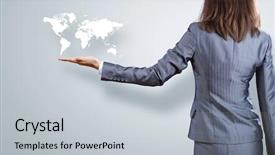  Presentation with globe - Audience pleasing PPT theme consisting of view of businesswoman holding globe backdrop and a  colored foreground