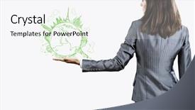  Presentation with cutout paper people standing around globe holding hands - Audience pleasing presentation design consisting of view of businesswoman holding globe backdrop and a  colored foreground