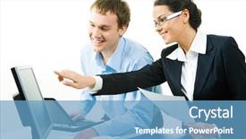  Presentation with business plan - Colorful slides enhanced with view of businesswoman pointing at computer explaining business-plan to her colleague backdrop and a teal colored foreground