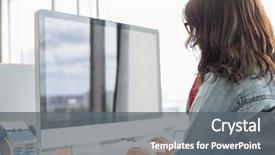  Presentation with old desktop computer - Presentation design featuring view of businesswoman using desktop background and a gray colored foreground