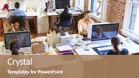  Presentation with low angle view of volleyball - PPT theme featuring view of busy design office background and a coral colored foreground