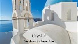  Presentation with church blue - Colorful PPT layouts enhanced with view of caldera with classical blue church domes oia santorini backdrop and a light gray colored foreground