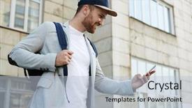  Presentation with one young man exercising handball - Presentation theme consisting of view of cheerful young man background and a  colored foreground