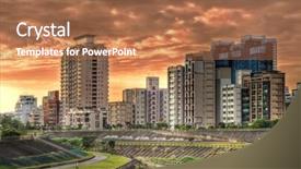  Presentation with urban buildings - Audience pleasing presentation theme consisting of view of city landscape backdrop and a coral colored foreground