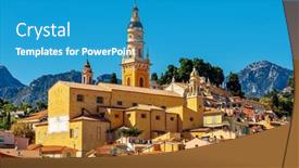  Presentation with saint - Audience pleasing PPT theme consisting of view-of-colorful-houses backdrop and a teal colored foreground